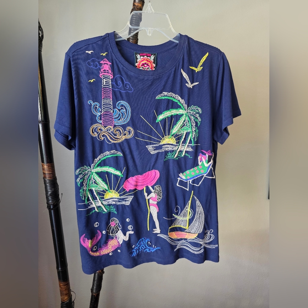 Johnny Was Navy Blue Blouse with Colorful Embroidery